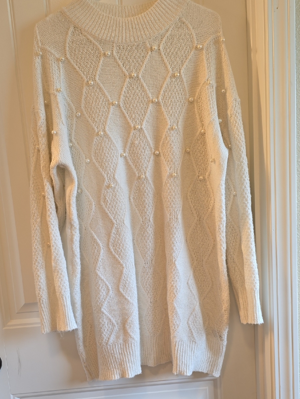 SHEIN Cream Pearl-Accent Cable Knit Sweater